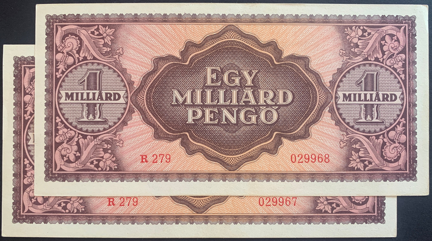 Hungary 1 billion Pengő 1946 (1,000,000,000 Pengos) P-125 AUNC CONSECUTIVE PAIR