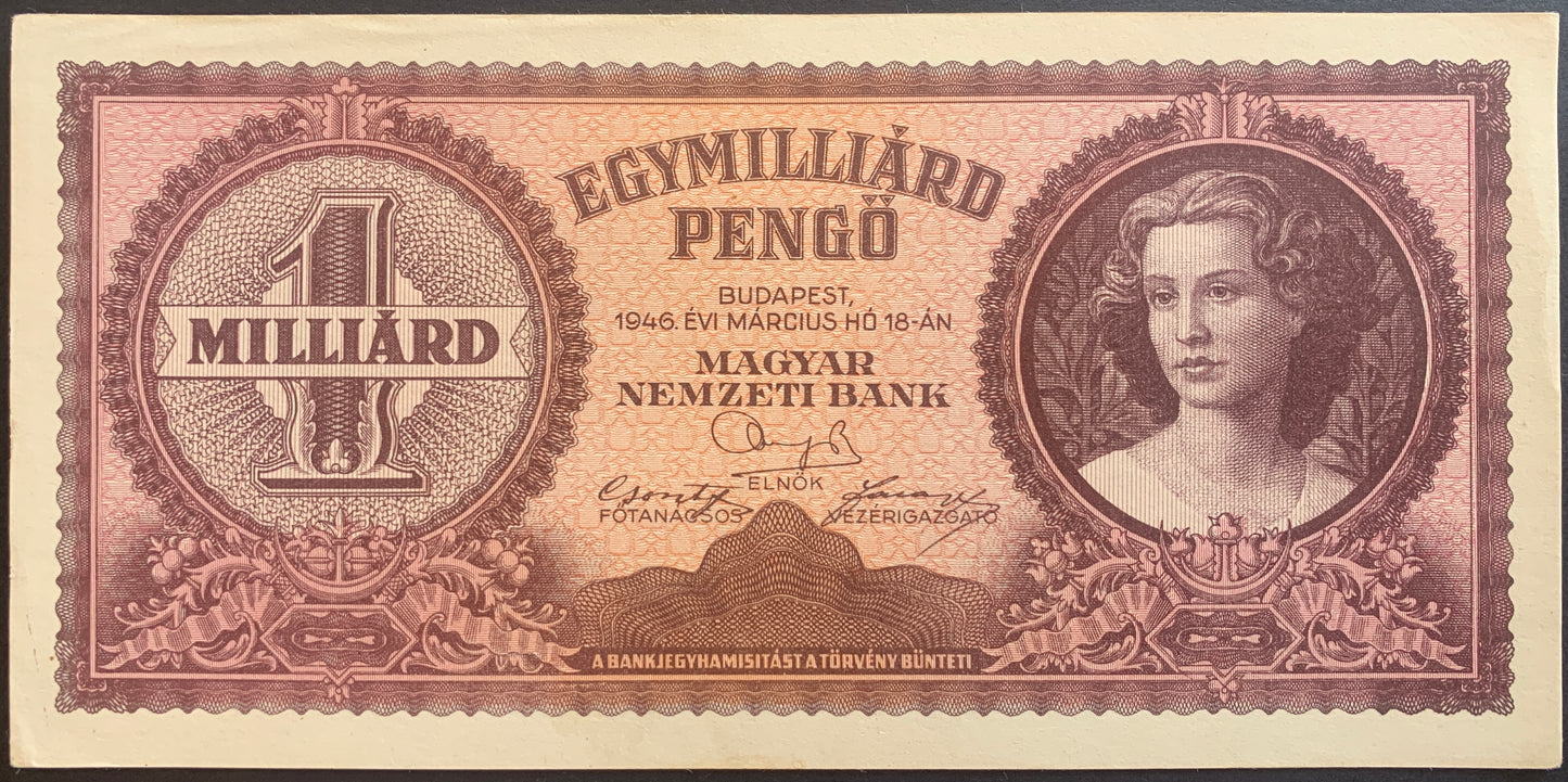 Hungary 1 billion Pengő 1946 (1,000,000,000 Pengos) P-125 AUNC CONSECUTIVE PAIR