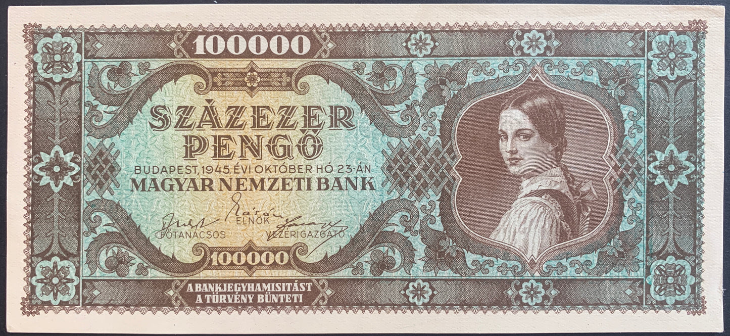 Hungary 100 000 Pengő 1945 P-121a AUNC