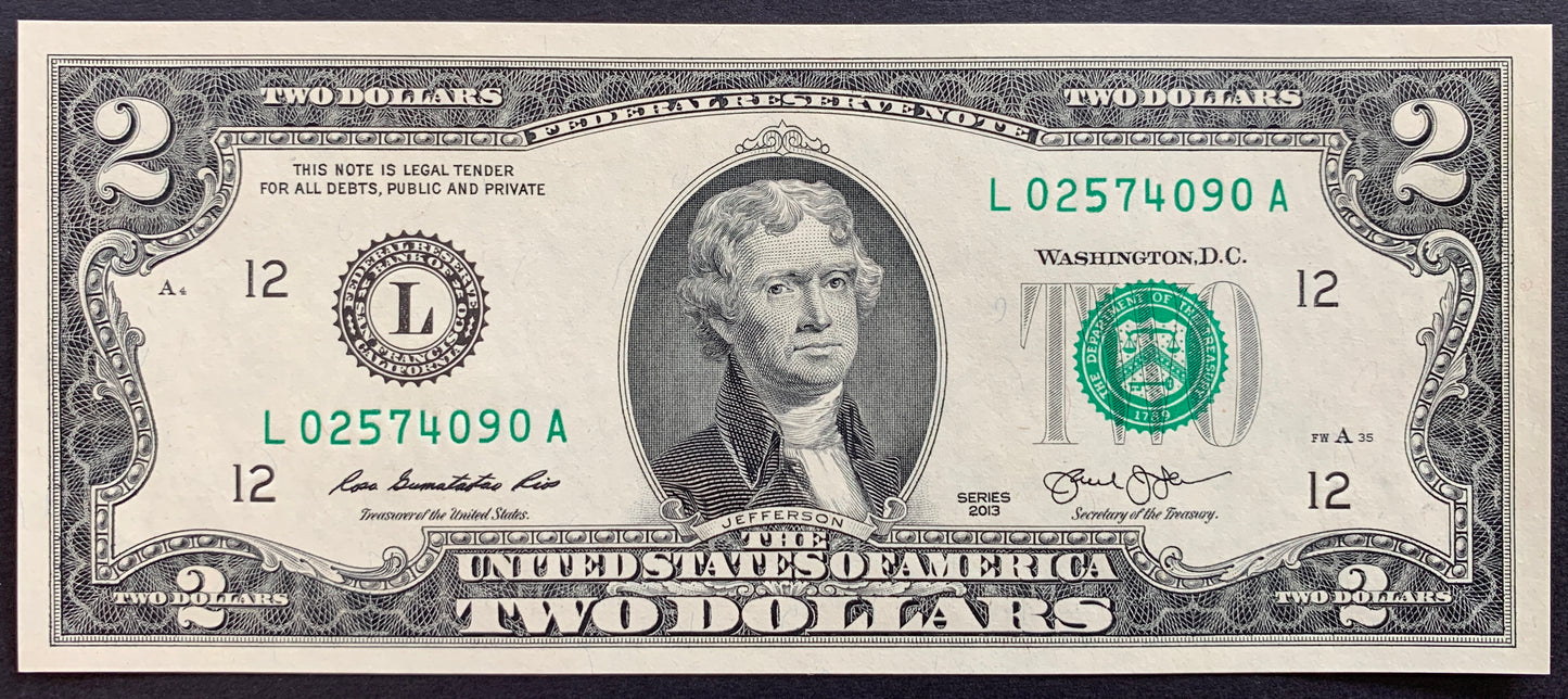 USA 2 Dollars 2013 A P-538 UNC CONSECUTIVE