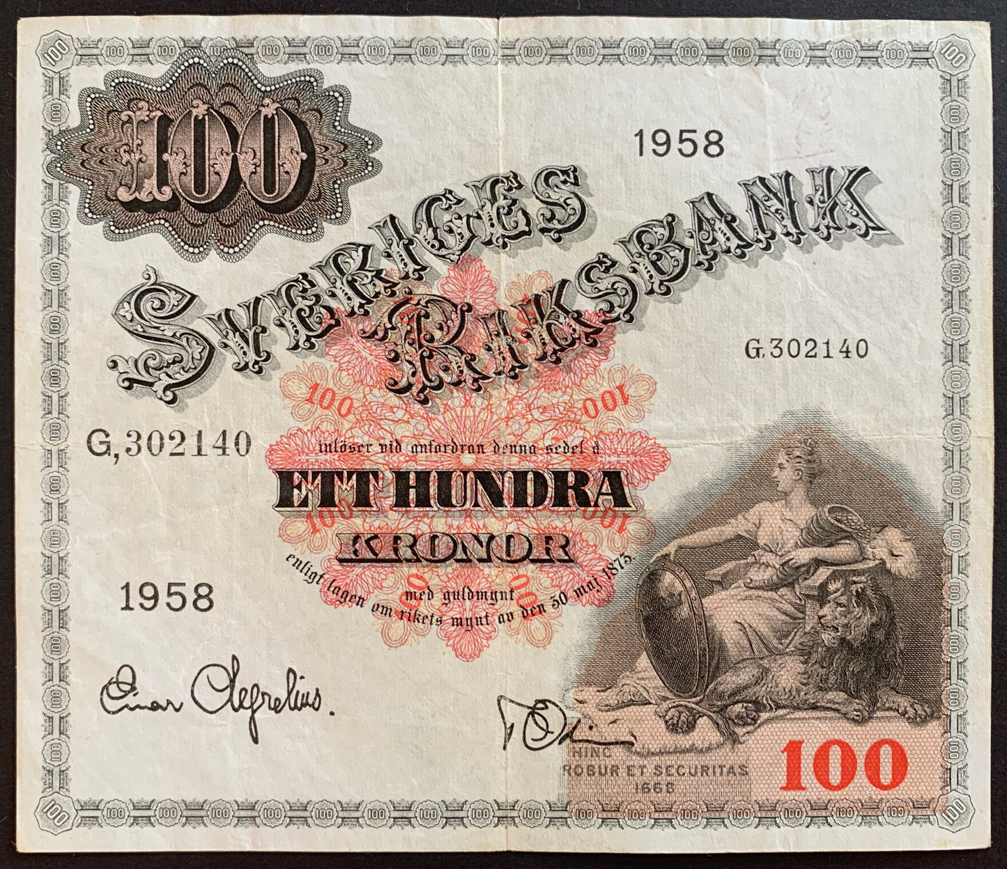 Sweden 100 Kronor 1958 P-45d F