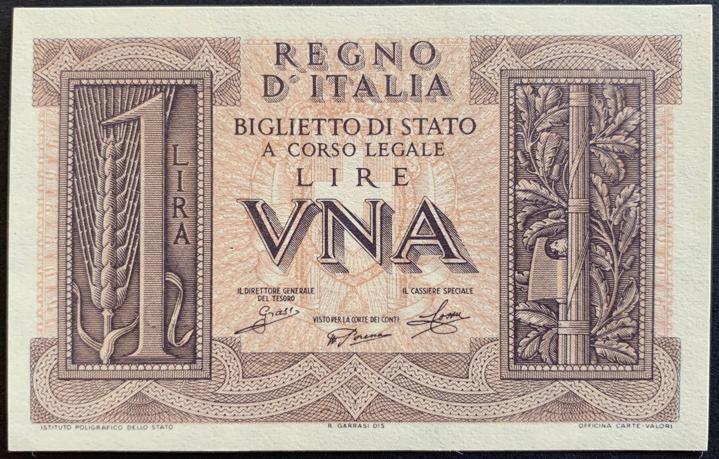 Italy 1 Lira 1939 P-26 UNC