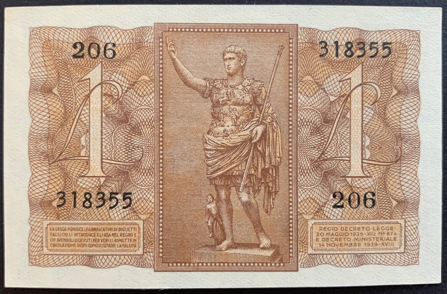 Italy 1 Lira 1939 P-26 UNC