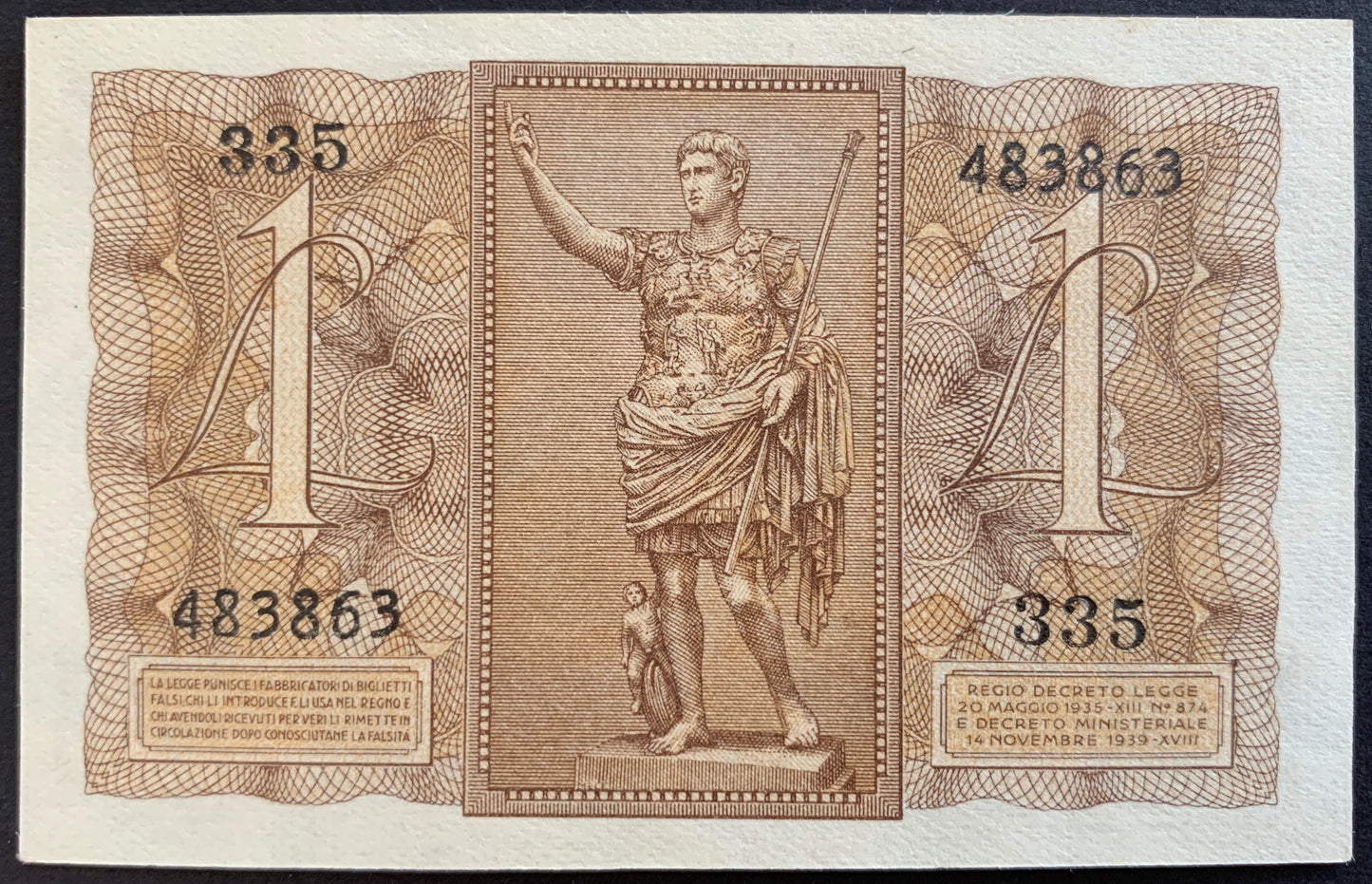 Italy 1 Lira 1939 P-26 UNC