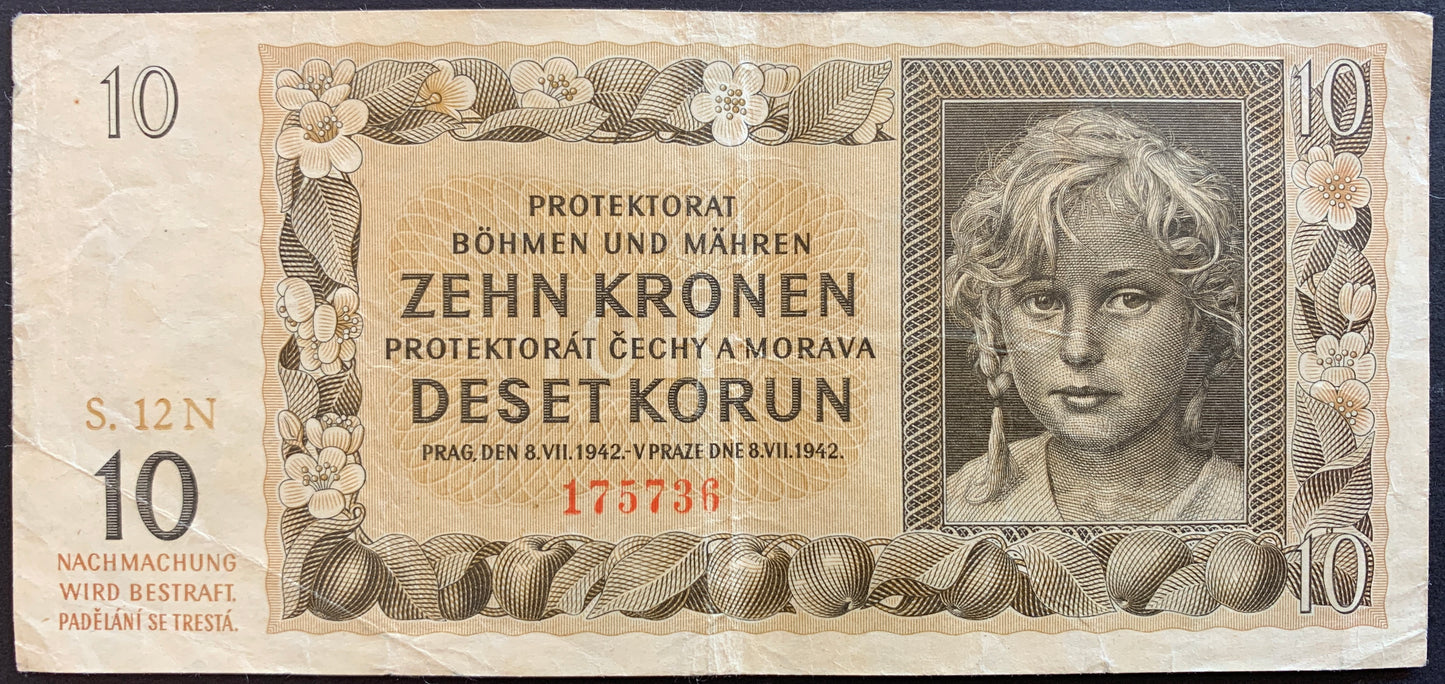 Protectorate of Bohemia and Moravia 10 Kronen/Korun ND (1942) P-8a VF