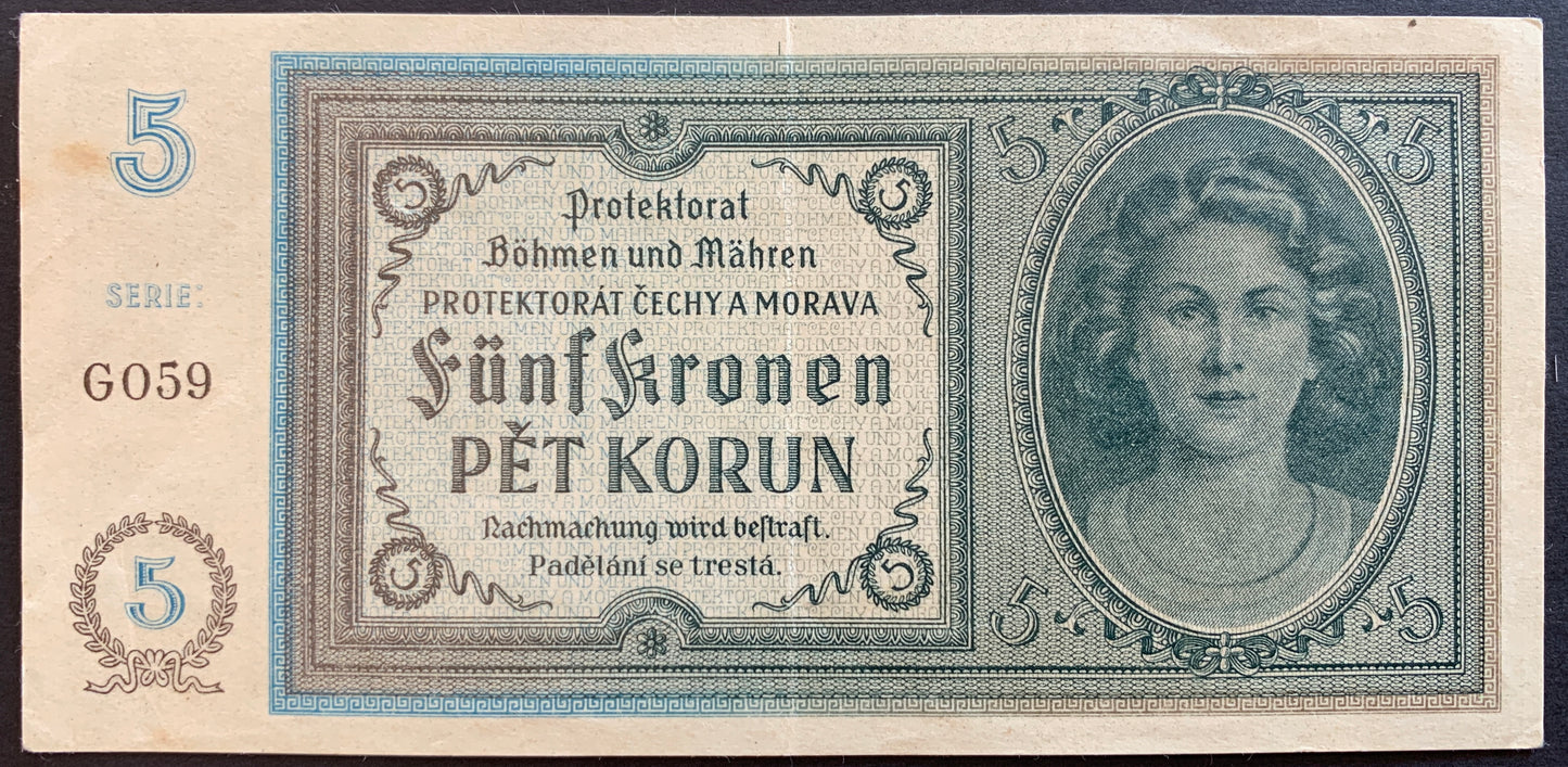 Protectorate of Bohemia and Moravia 5 Kronen/Korun ND (1940) P-4 VF
