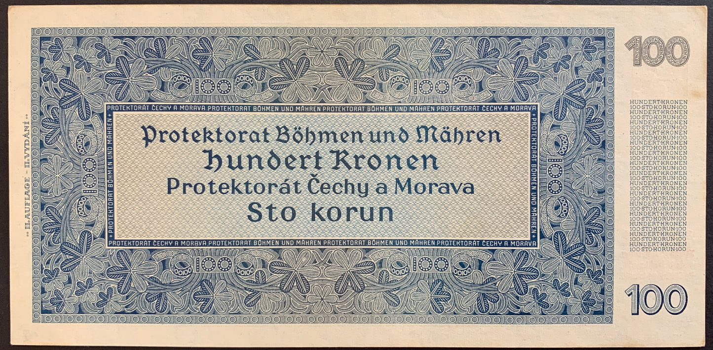 Protectorate of Bohemia and Moravia 100 Kronen/Korun 1940 P-7a AUNC
