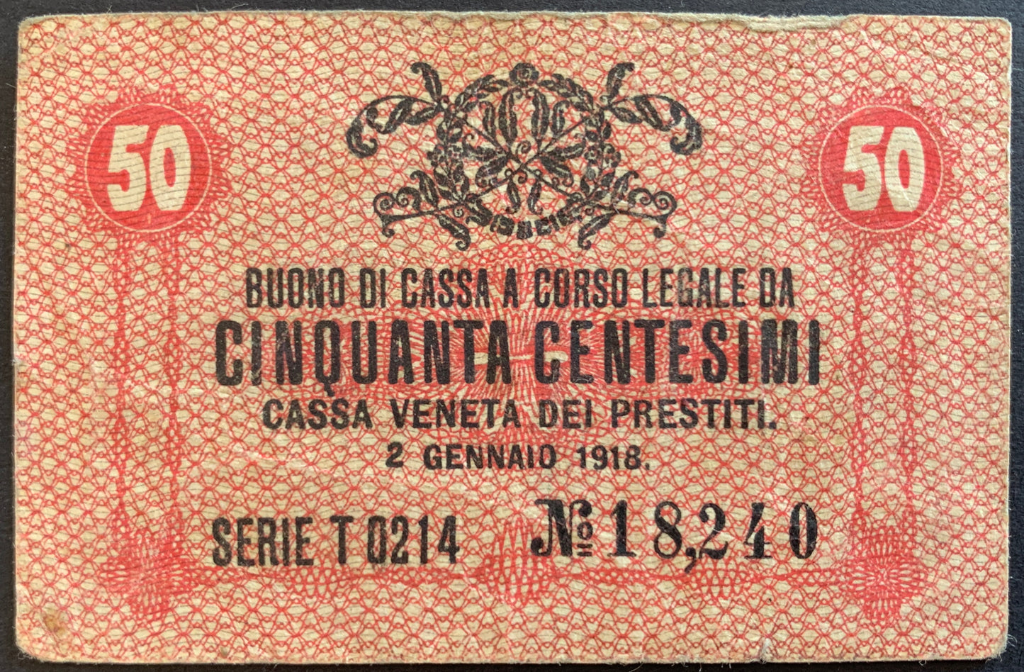 Italy, Cassa Veneta dei Prestiti 50 Centesimi 1918 P-M3 VF