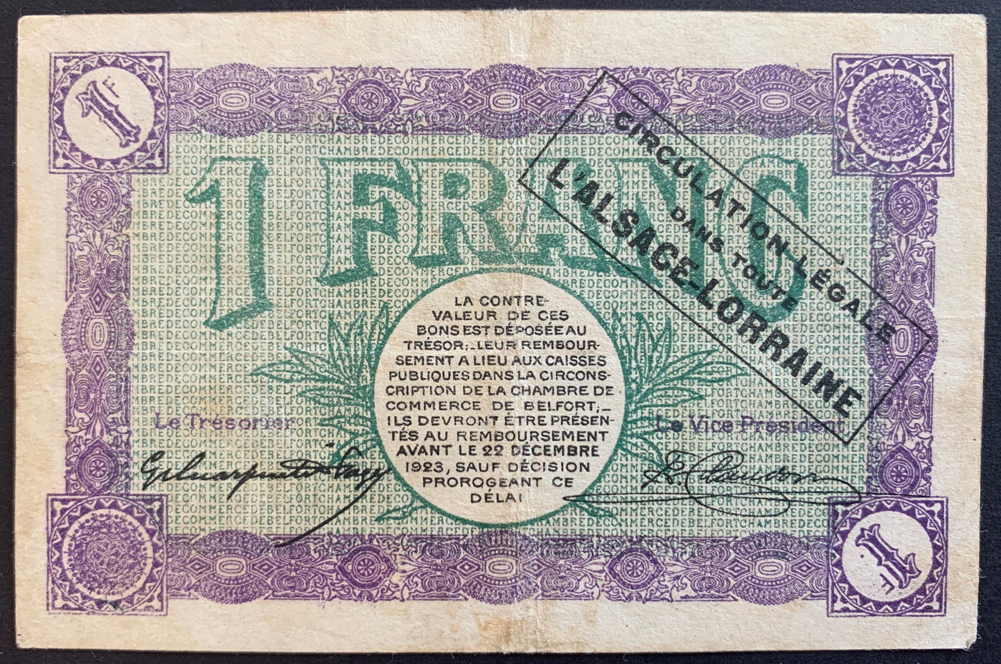 Chambre de Commerce de Belfort 1 Franc 1918 VF