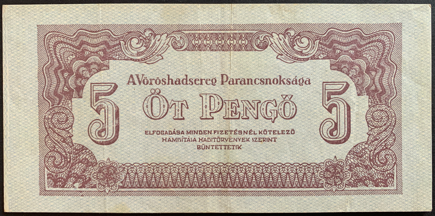 Hungary, Russian occupation 5 Pengő 1944 P-M4 VF