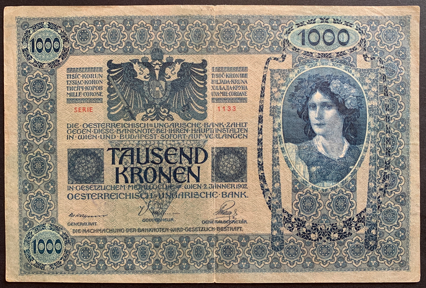 Austro-Hungary 1000 Kronen 1902 VF overprint