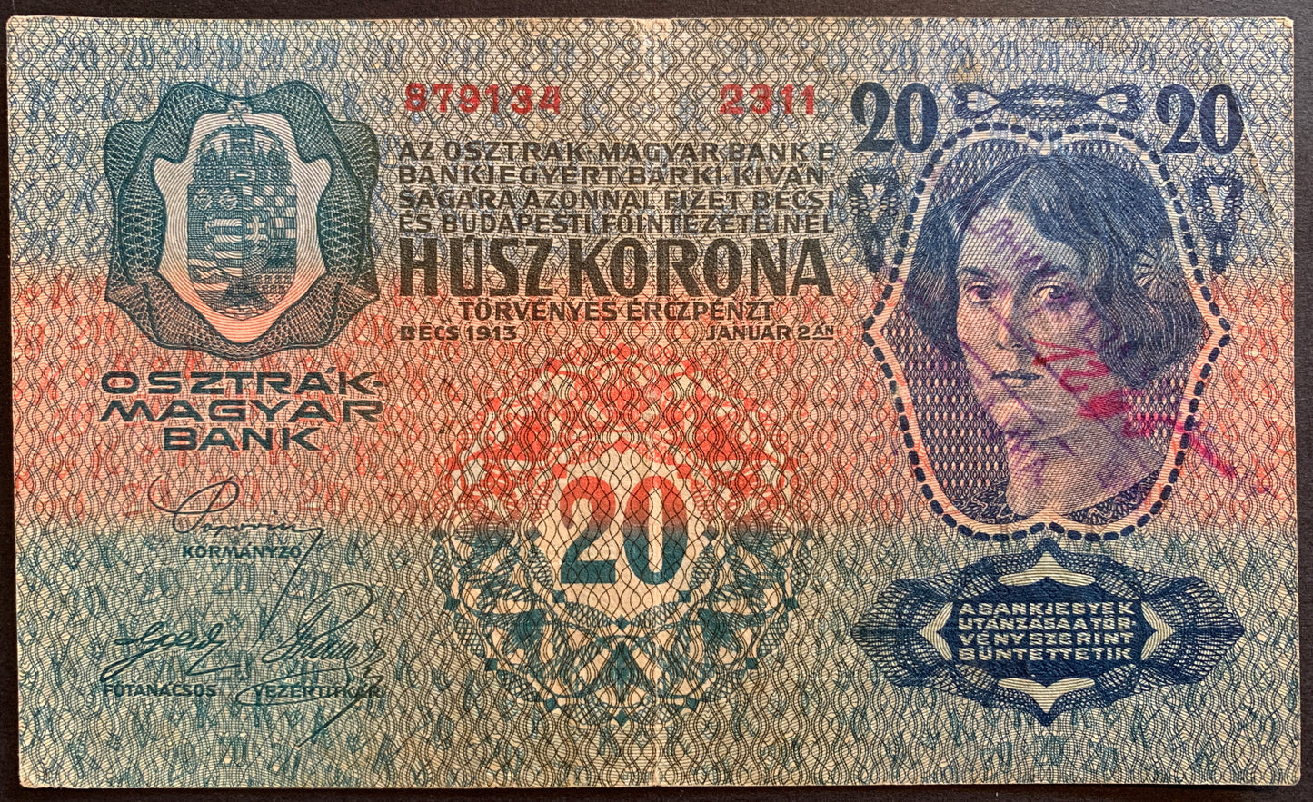 Austro-Hungary 20 Korona 1913 VF overprint