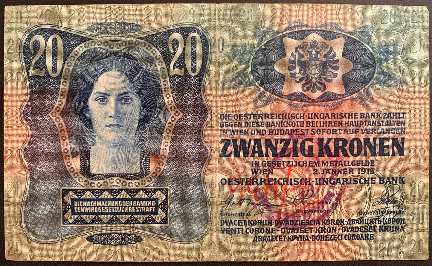 Austro-Hungary 20 Korona 1913 F overprint