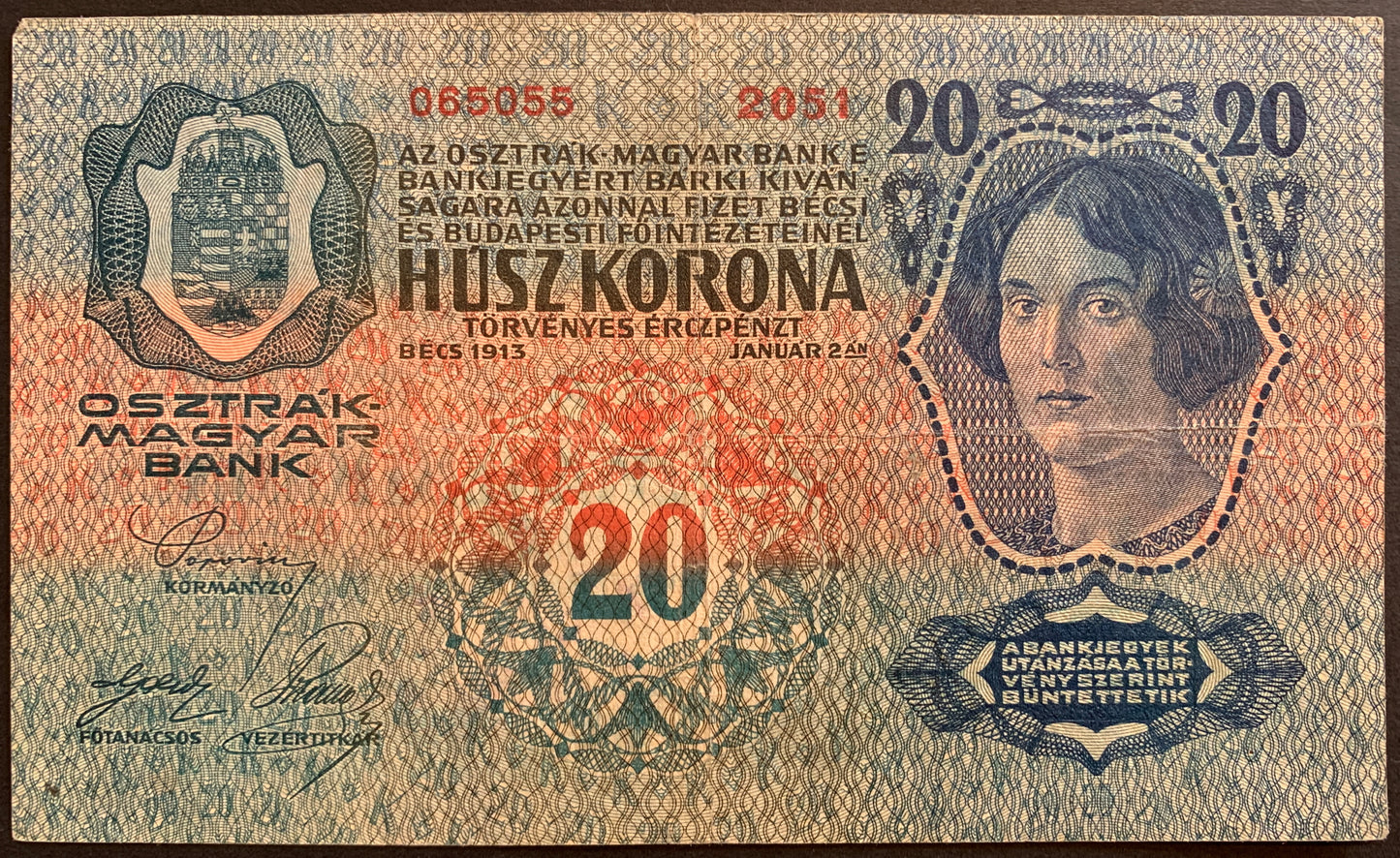 Austro-Hungary 20 Korona 1913 F overprint
