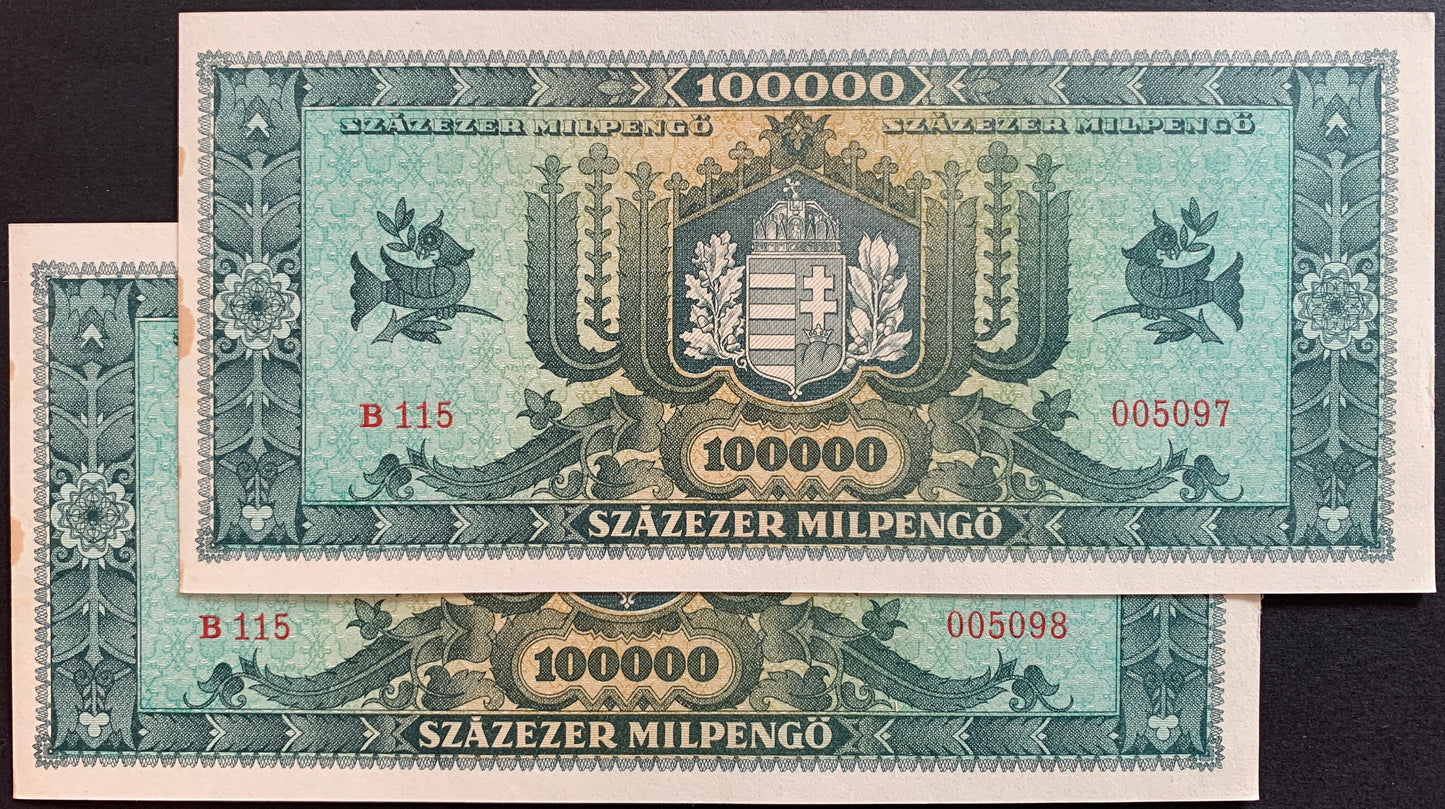 Hungary 100 000 MilPengő 1946 P-127 EF+ consecutive pair
