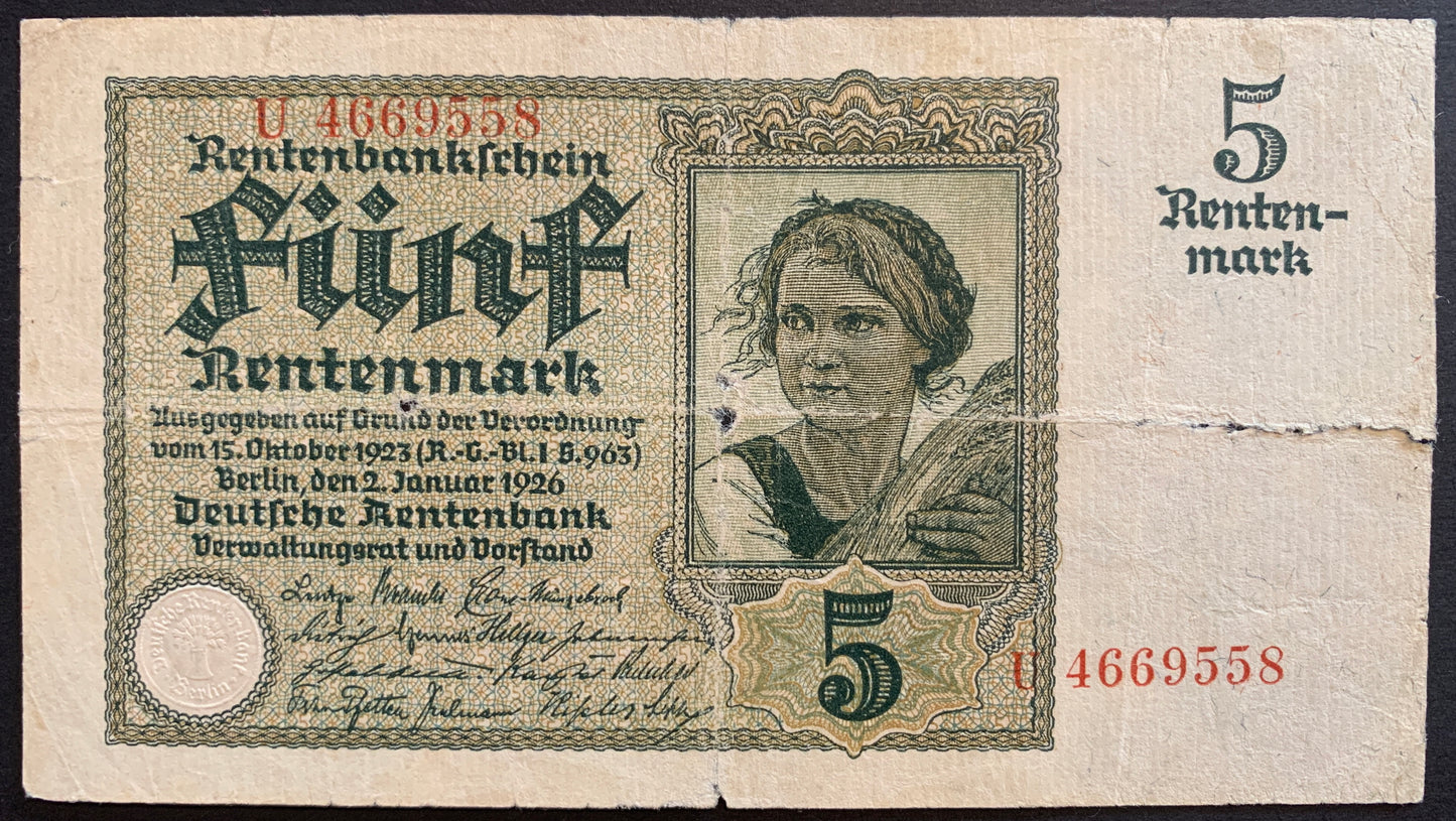 Germany 5 Rentenmark 1926 P-169 VG face