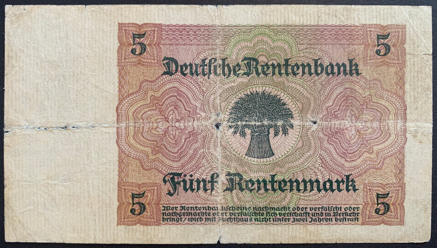 Germany 5 Rentenmark 1926 P-169 VG back