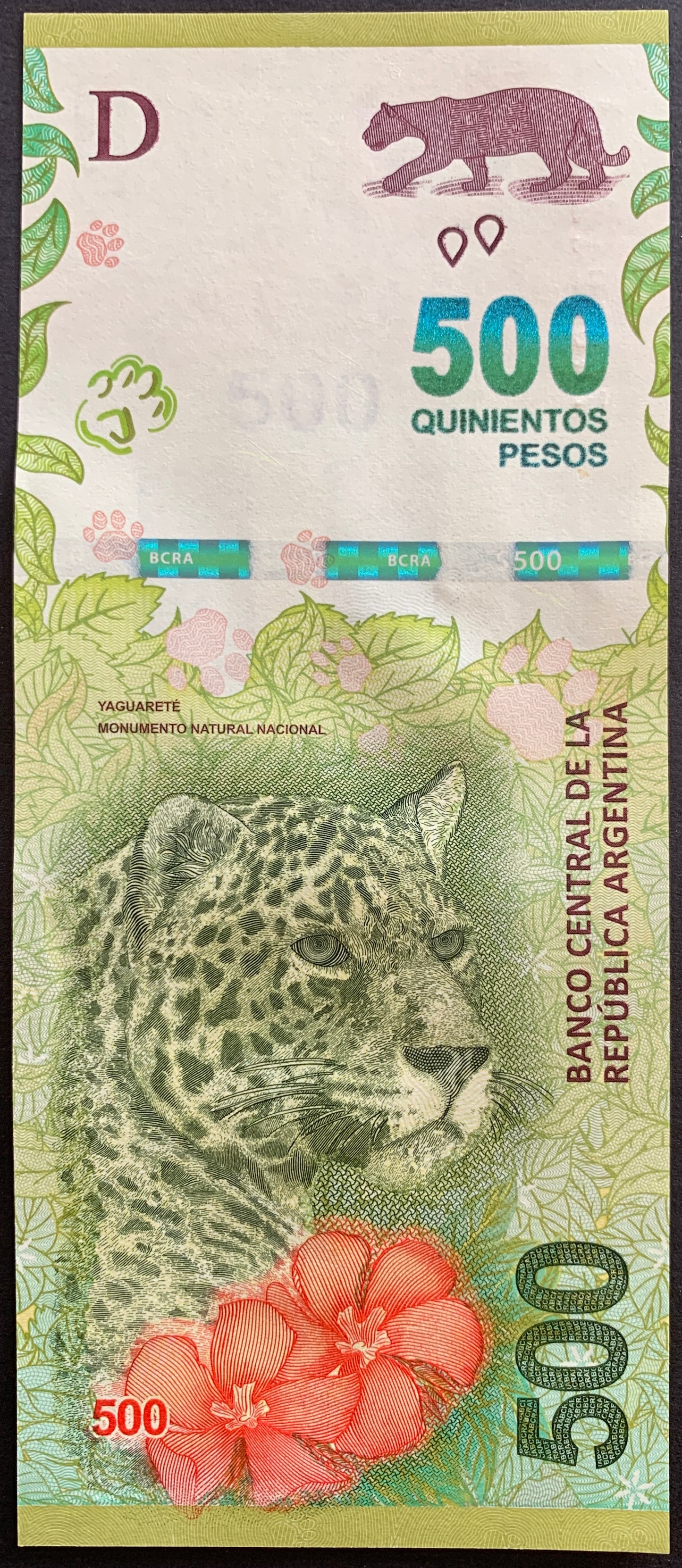 Argentina 500 Pesos ND (2020-22) P-365 UNC bankntoe face with Jaguar and flower