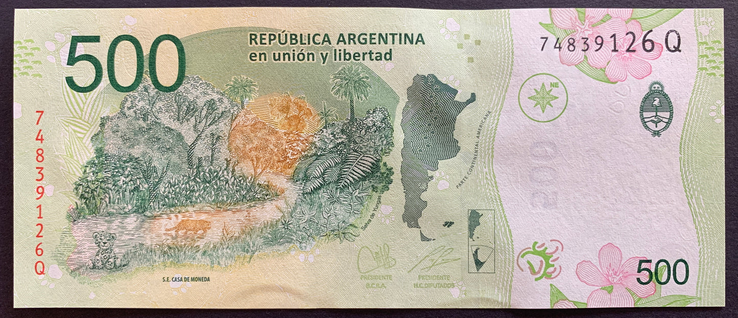Argentina 500 Pesos ND (2020-22) P-365 UNC banknote back signed by Miguel Angel Pesce and Sergio Massa, Jaguar cub, Yungas jungle, map of Argentina, coat of arms of Argentina