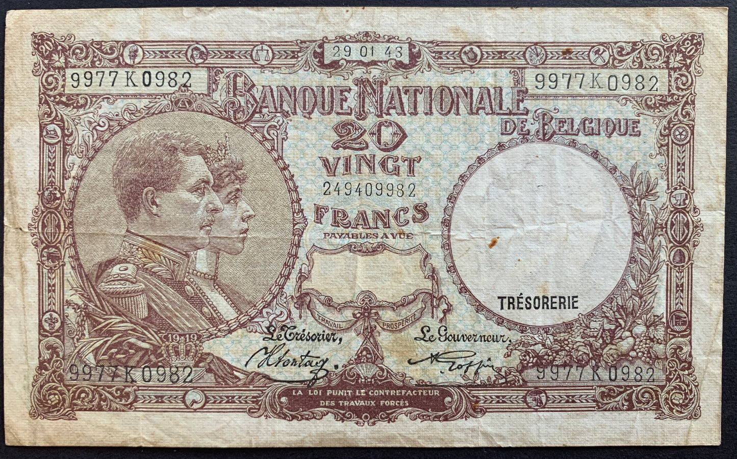 Belgium 20 Francs 1943 P-111 VF