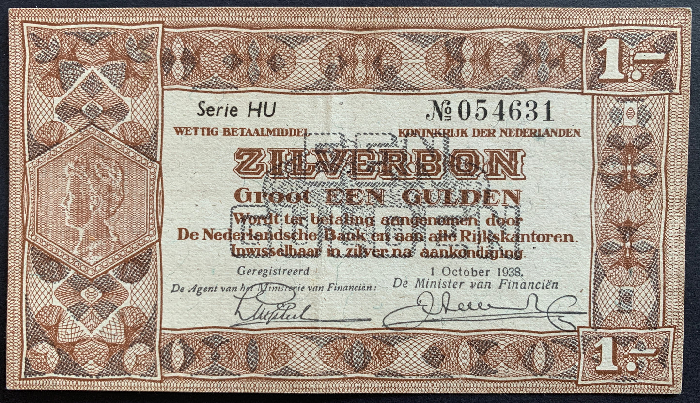 Netherlands 1 Gulden Silver voucher 1938 P-61 XF