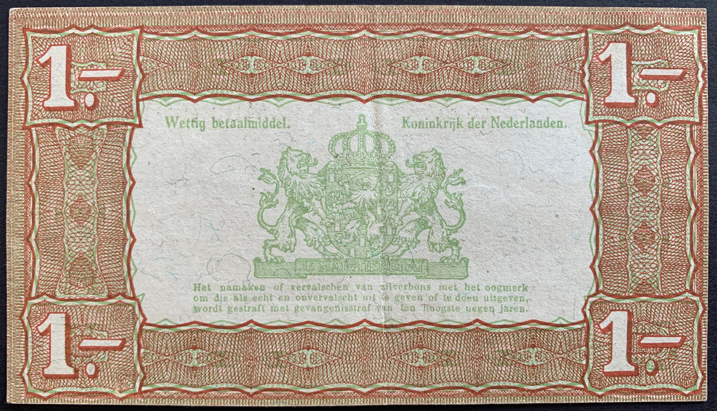 Netherlands 1 Gulden Silver voucher 1938 P-61 XF