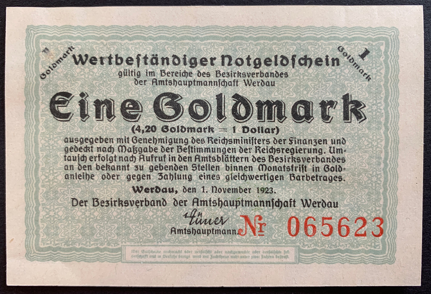Germany, Werdau 1 Goldmark notgeld 1923 AUNC