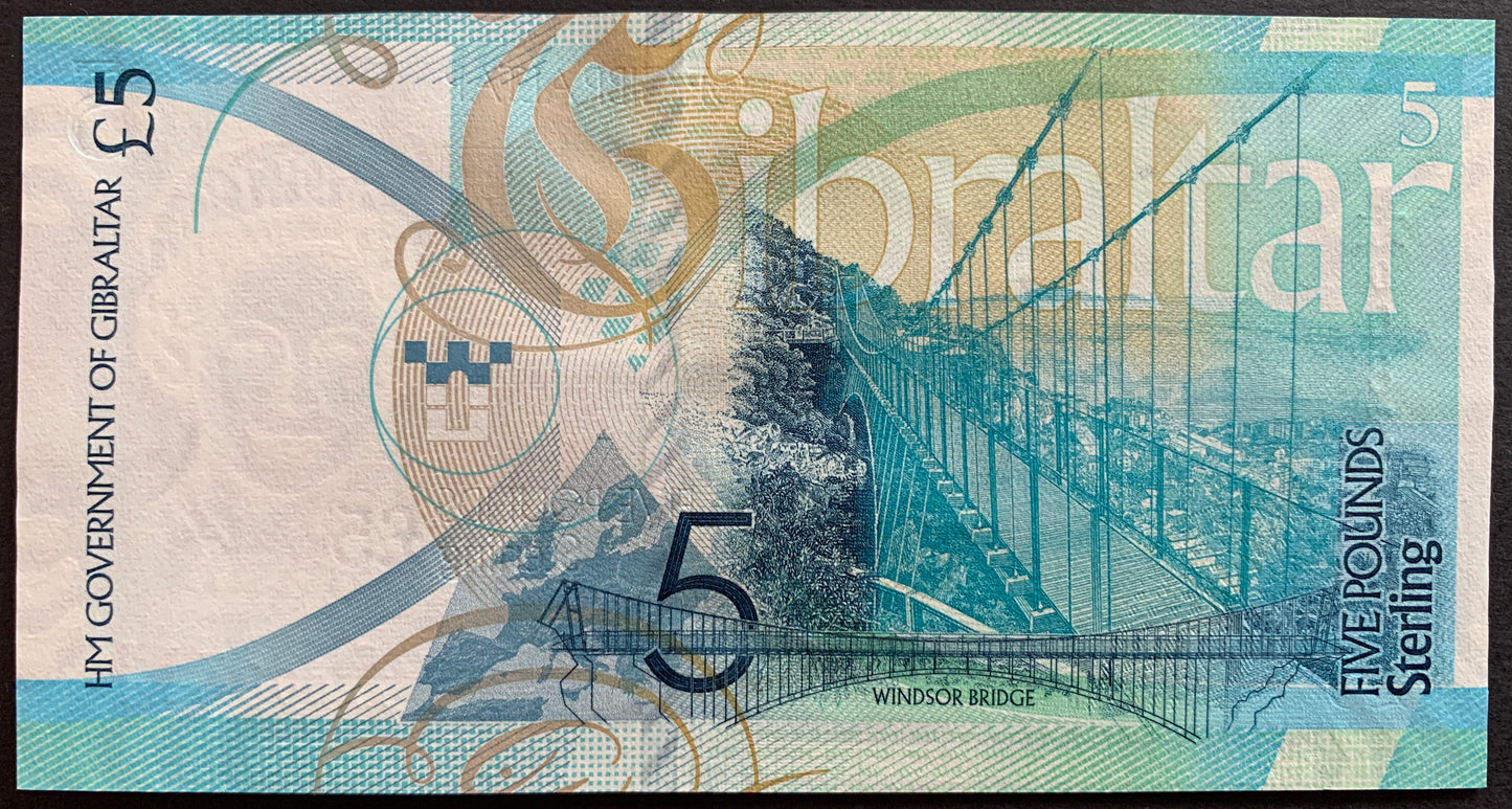 Gibraltar 5 Pounds 2020 TBB-136 UNC banknote back with Windsor Bridge and map of Europe