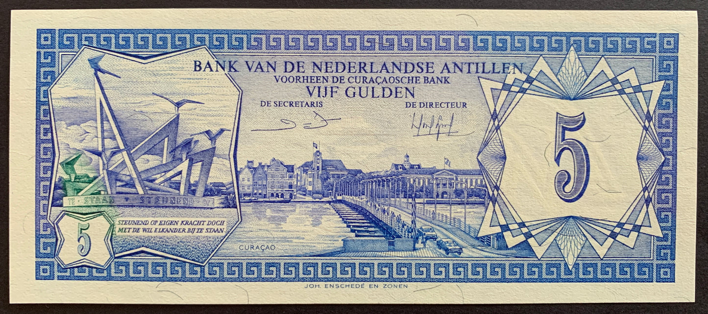 Netherlands Antilles 5 Gulden 1984 P-15b UNC vintage banknote face with Independence Monument in Willemstad, Curaçao and View of Willemstad, capital of Curaçao, with Queen Annie floating bridge in front