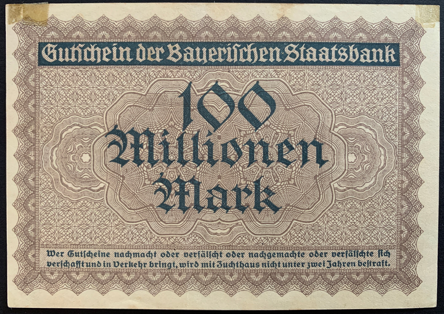 Germany, Bavaria 100 million Mark notgeld 1923 XF vintage banknote back