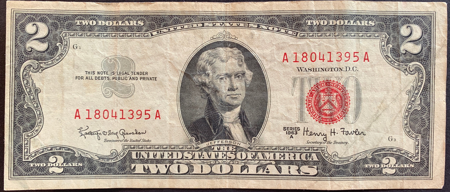 United States 2 Dollars 1963 A series P-382b american dollar bill banknote with red treasury seal and portrait of Thomas Jefferson