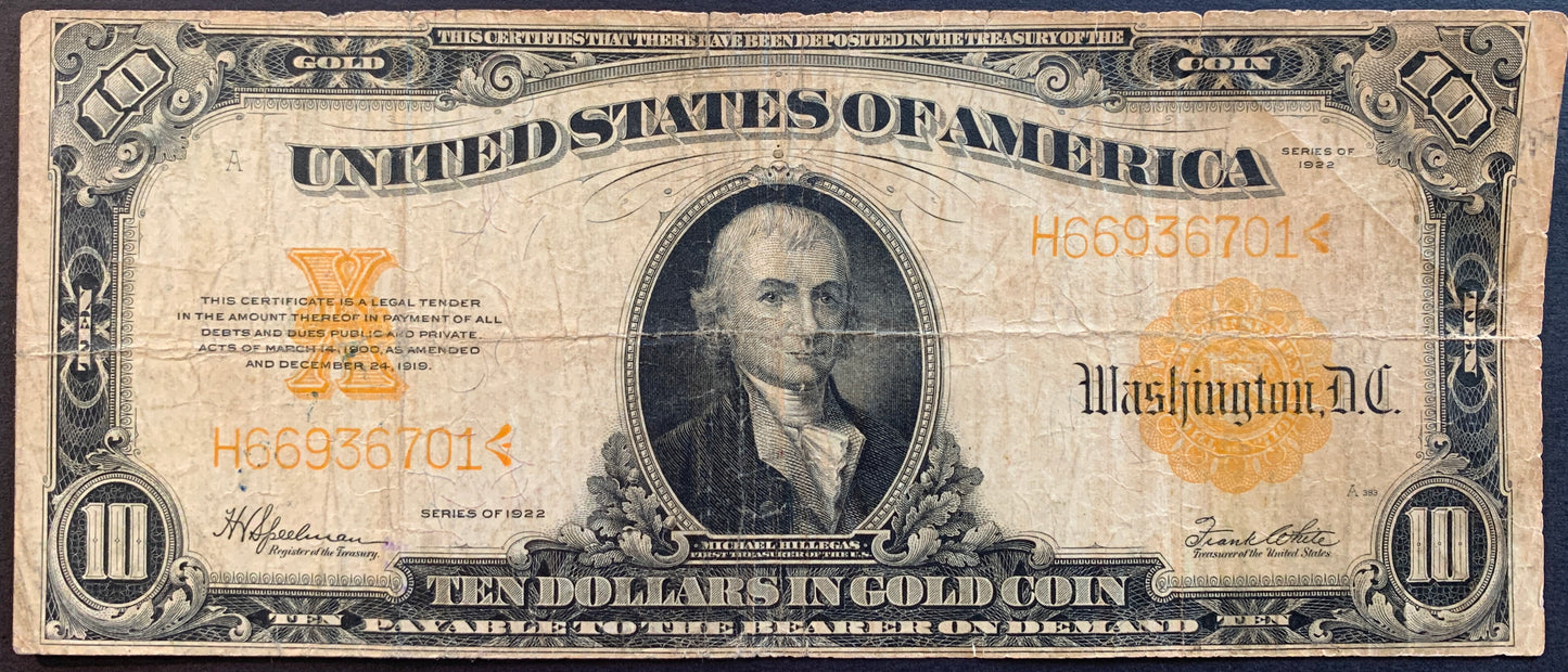 United States 10 Dollars Gold Certificate 1922 P-274 vintage banknote face with portrait of Michael Hillegas