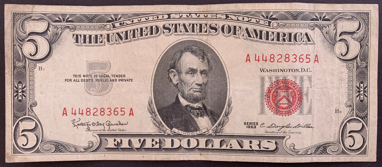 United States 5 Dollars 1963 P-383 VF vintage dollar bill banknote with red seal and portrait of Abraham Lincoln