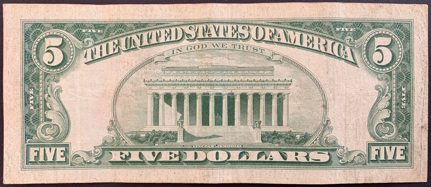 United States 5 Dollars 1963 P-383 vintage dollar bill banknote with red seal and Lincoln Memorial