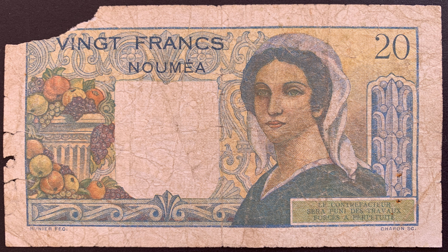 New Caledonia 20 Francs ND (1951) P-50a vintage rare banknote with woman and fruit basket