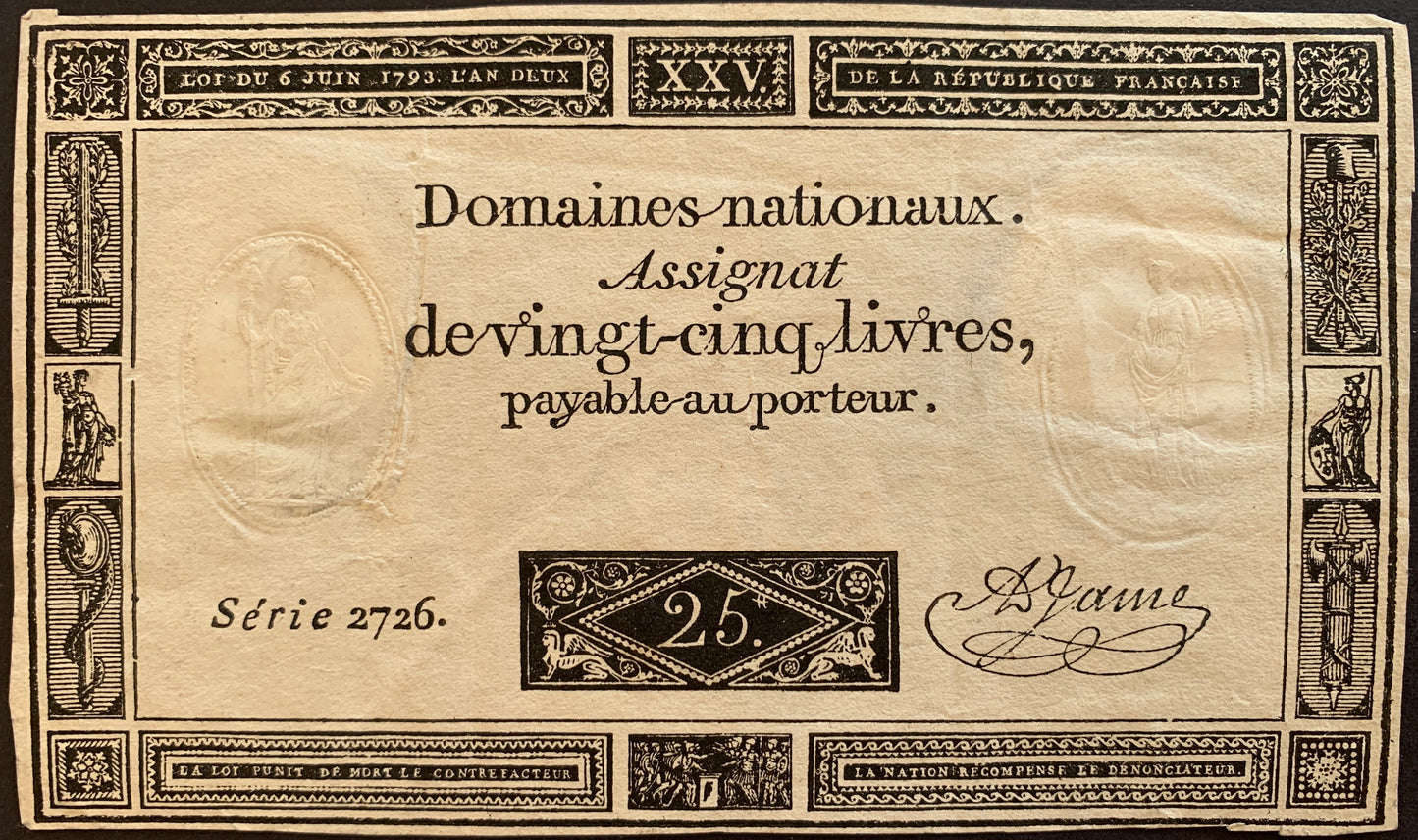 France 25 Livres Assignat 1793 P-A71 vintage french revolutionary banknote