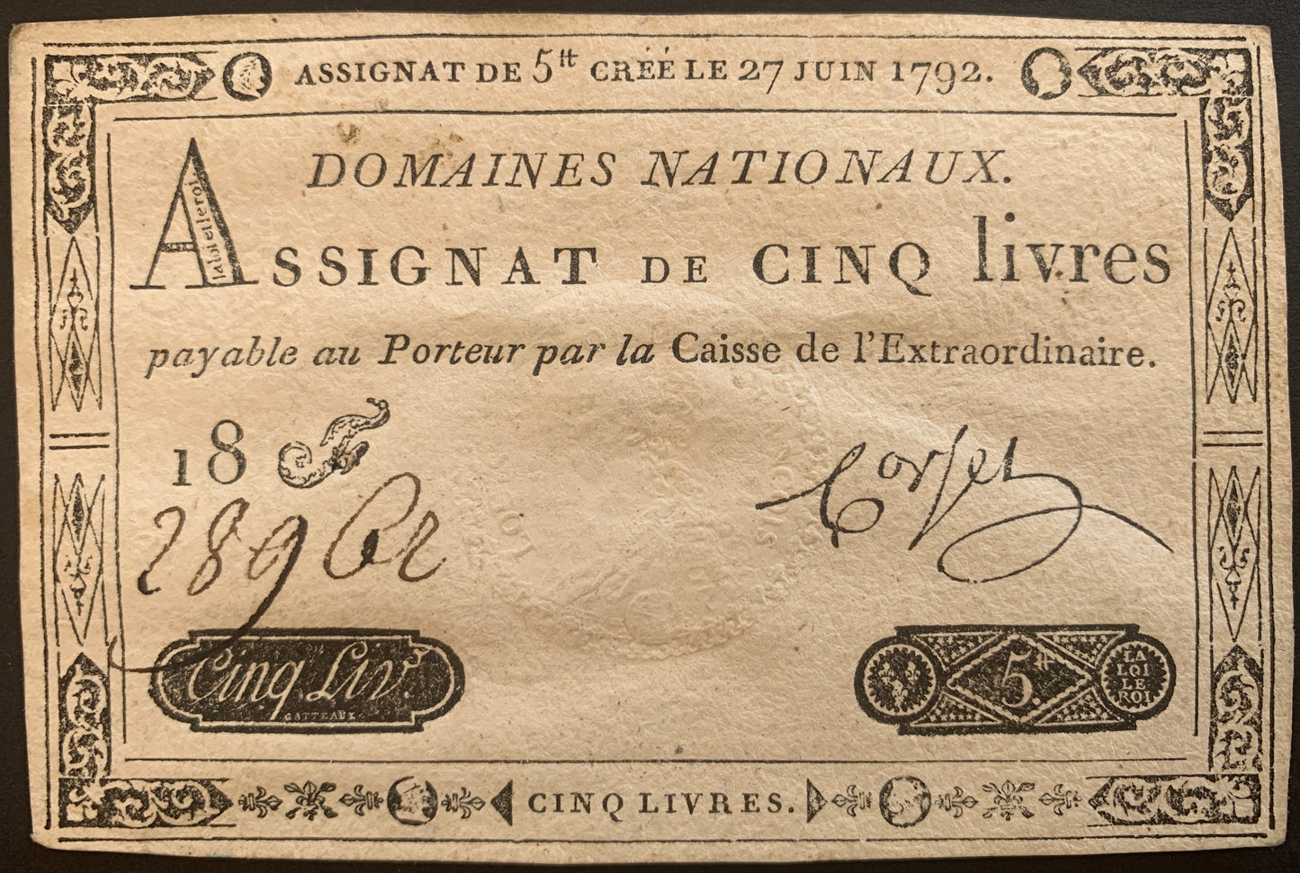 France 5 Livres Assignat 1792 P-A60 vintage french banknote