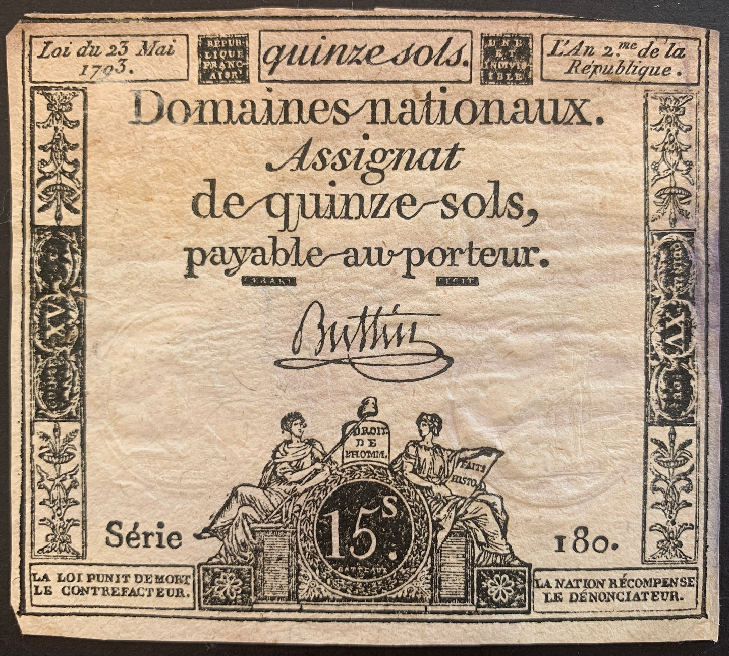 France 15 Sols Assignat 1793 P-A69 VF