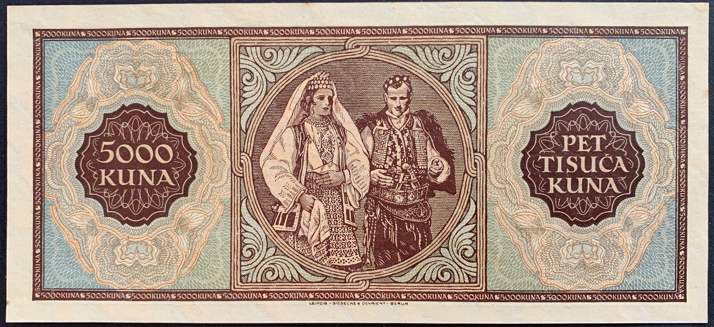Croatia 5000 Kuna 1943 P-13 UNC vintage croatian banknote with couple in traditional clothing