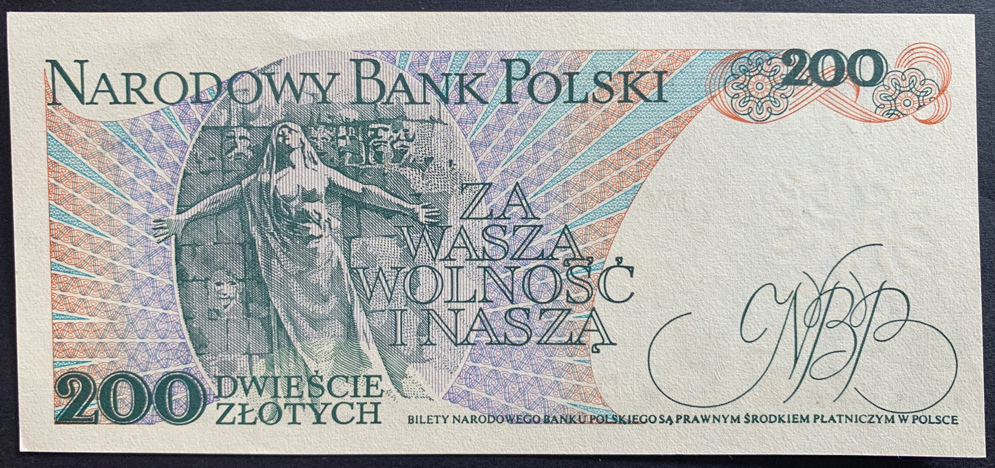 Poland 200 Tlotys 1986 P-144c.1 Polish banknote with a portrait and text, featuring the National Bank of Poland.