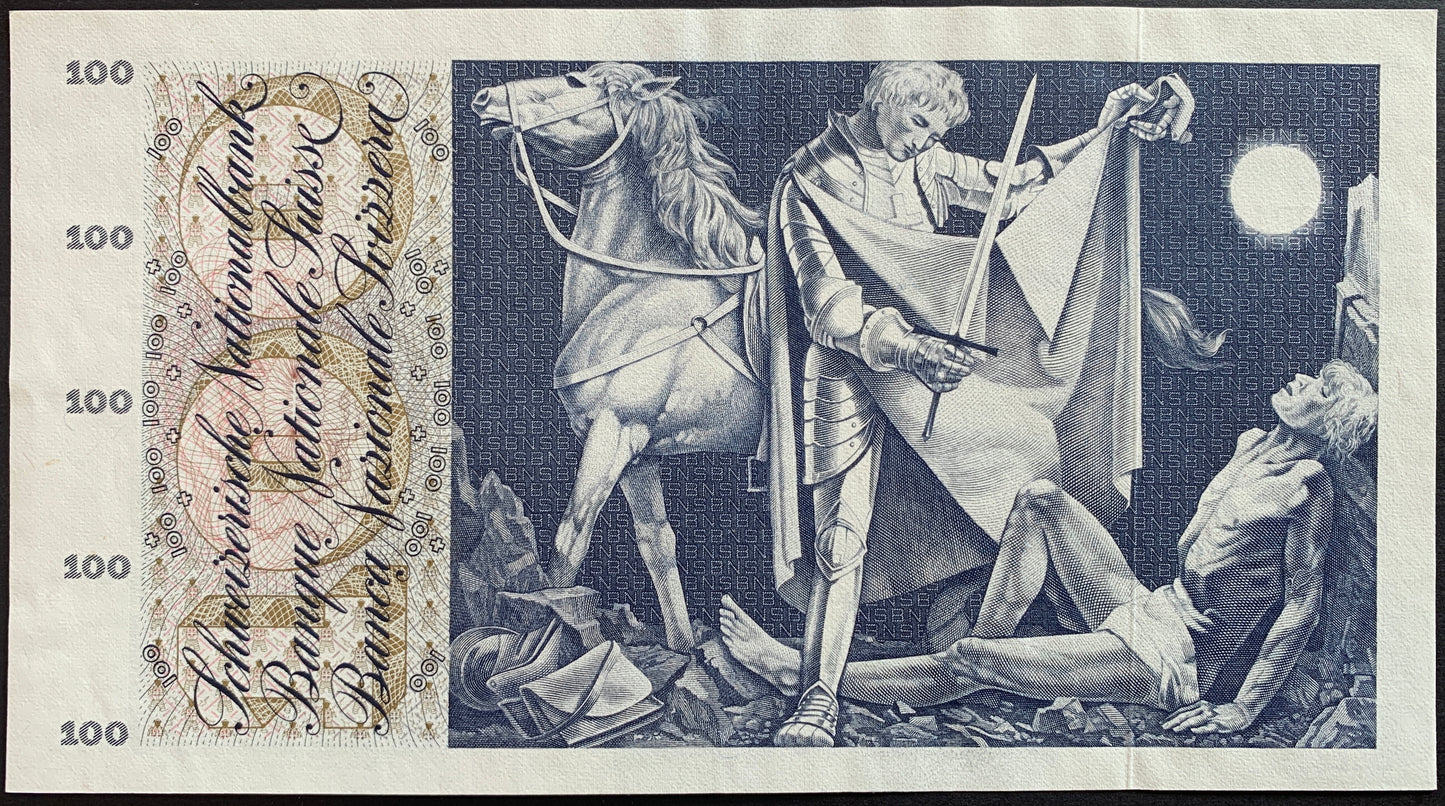 Switzerland 100 Francs 1973 P-49o vintage swiss banknote with Saint Martin cutting his cape to share