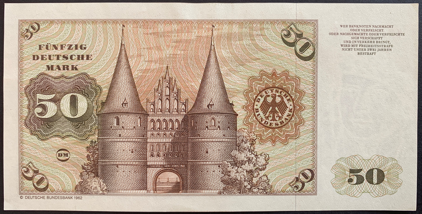 Germany 50 Deutsche Mark 1980 P-33d vintage banknote with Holsten Gate in Lübeck