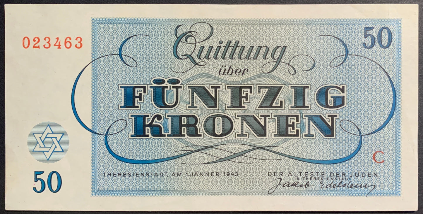 Protectorate of Bohemia and Moravia, Theresienstadt Concentration Camp 50 Kronen vintage voucher banknote 1943 AUNC