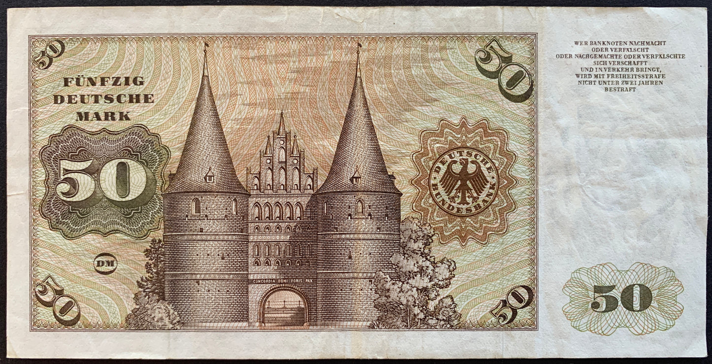 Germany 50 Deutsche Mark 1970 P-33a vintage banknote with Holsten Gate in Lübeck