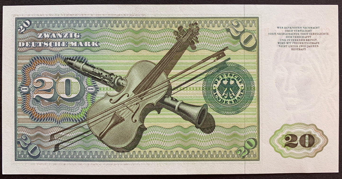 Germany 20 Deutsche Mark 1980 P-32b vintage banknote with violin and clarinet
