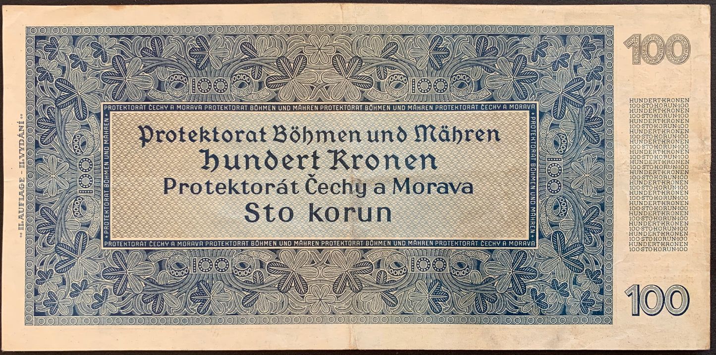 Protectorate of Bohemia and Moravia 100 Kronen/Korun 1940 P-7a VF vintage banknote