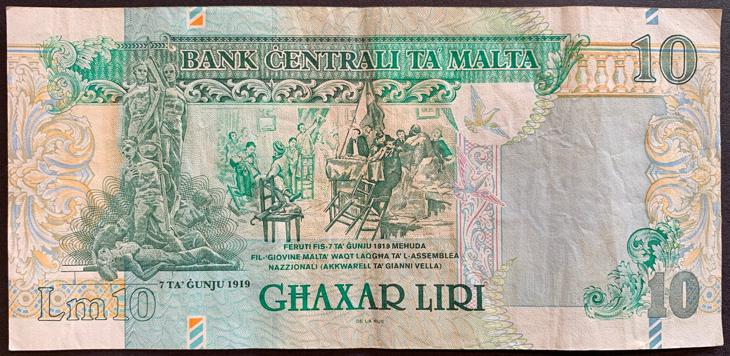 Malta 10 Liri ND (1999-2007) P-47c banknote with ww1 memorial and 1919 national assembly