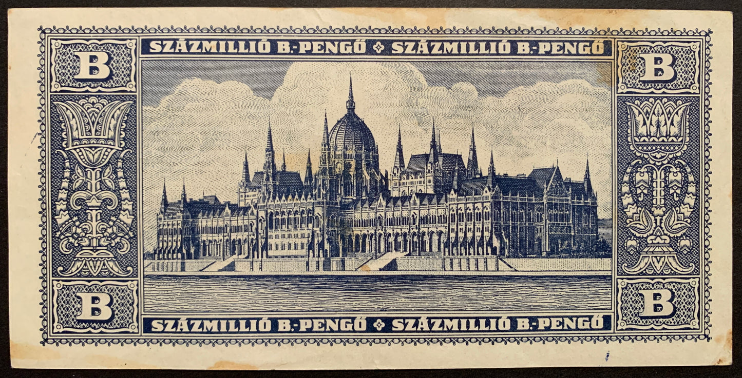 Hungary 100 000 000 B.-Pengő 1946 P-136 vintage banknote with hungarian parliament building