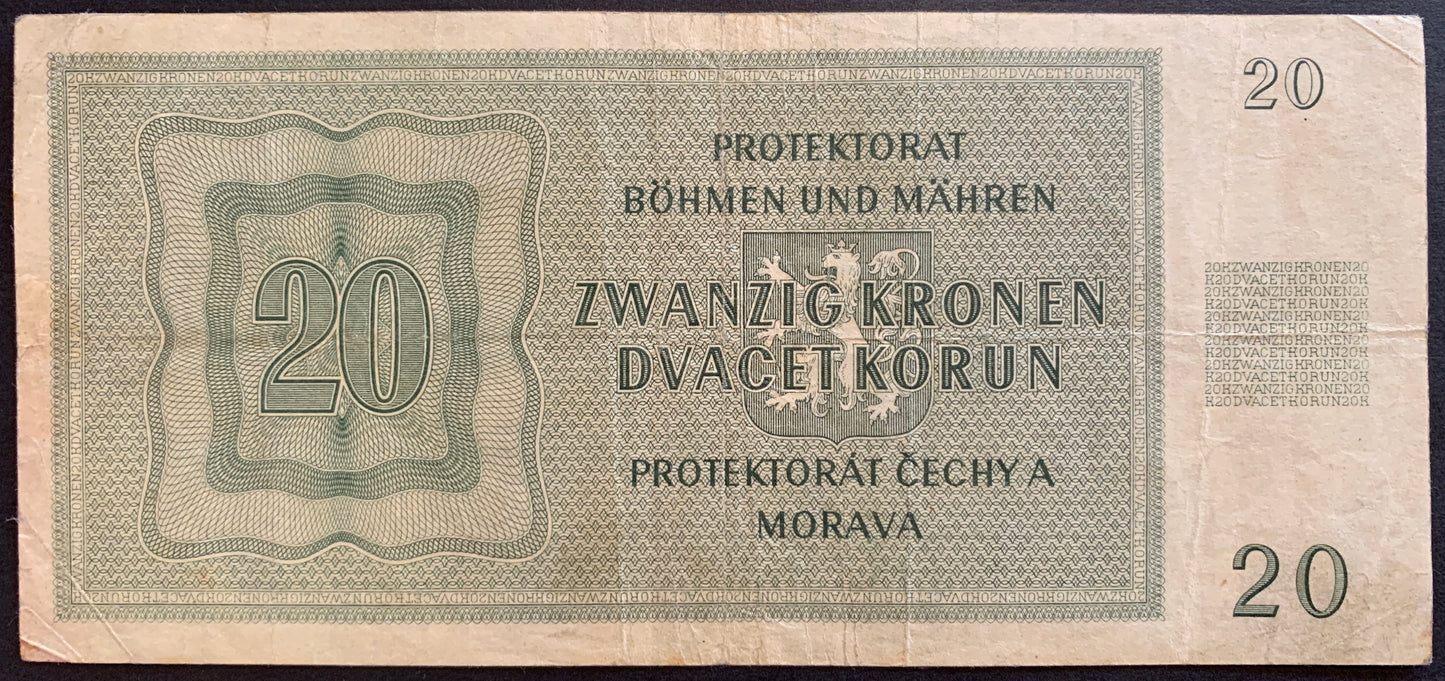 Protectorate of Bohemia and Moravia 20 Kronen/Korun 1944 P-9 VF vintage banknote
