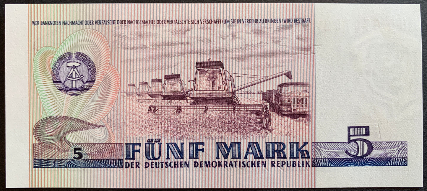 Germany, GDR 5 Mark 1975 P-27 UNC vintage banknote with combines haresting